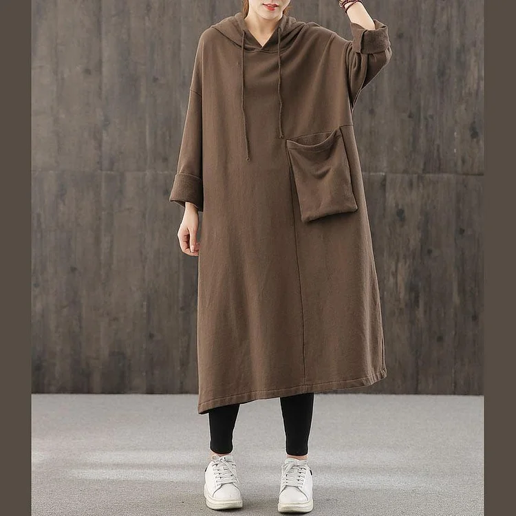 Elegant chocolate clothes Women hooded pockets Plus Size fall Dress