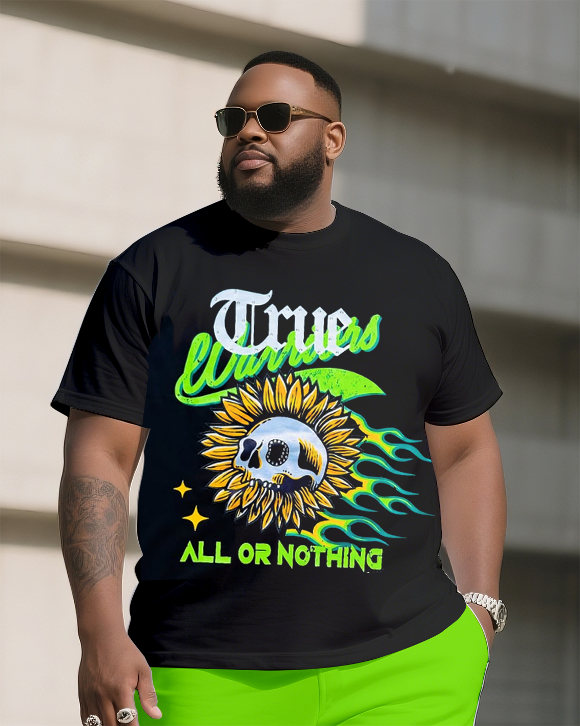 Big & Tall Men's Street Fashion ALL OR NOTHING Skull Print Crewneck T-Shirt Shorts Suit