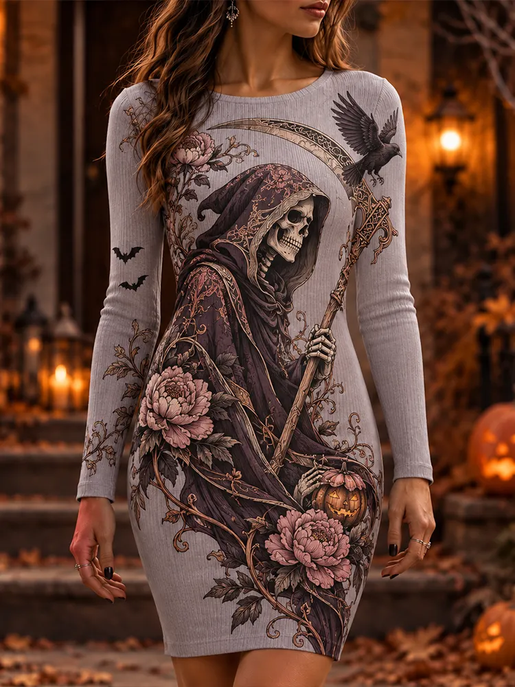 Comstylish Women's Grey Gothic Grim Reaper, Raven, Peony And Pumpkin Print Long Sleeve Bodycon Dress