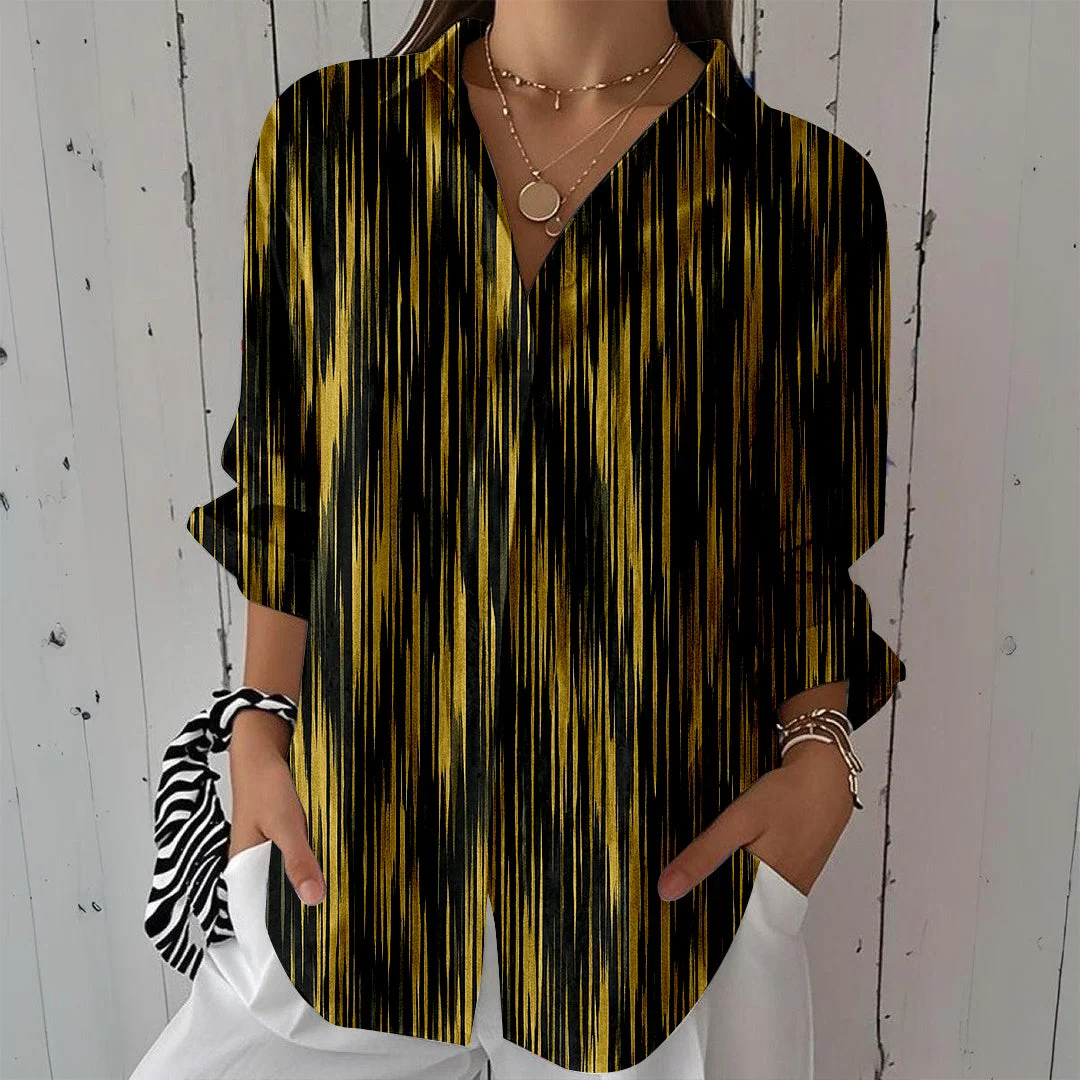 Style & Comfort for Mature Women Women Black, Stripes, Gold DZCL0389 3/4 Sleeve Shirt Collar Printed Button Tops