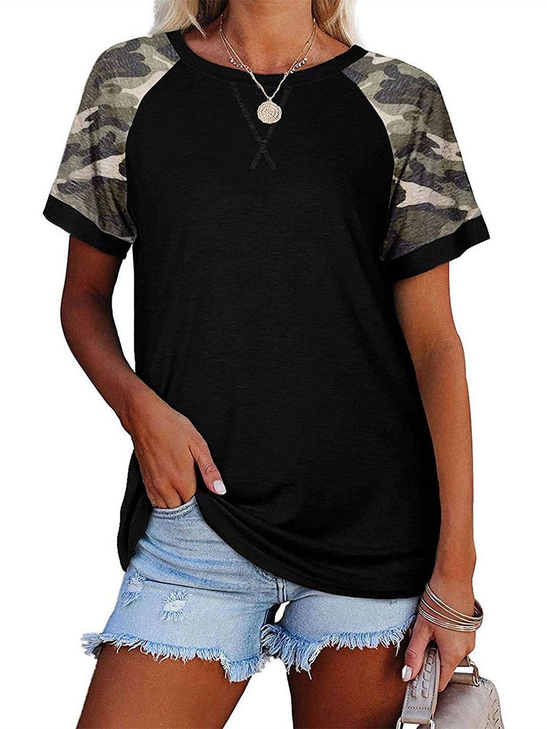 Women Short Sleeve Scoop Neck Graphic Stitching Top