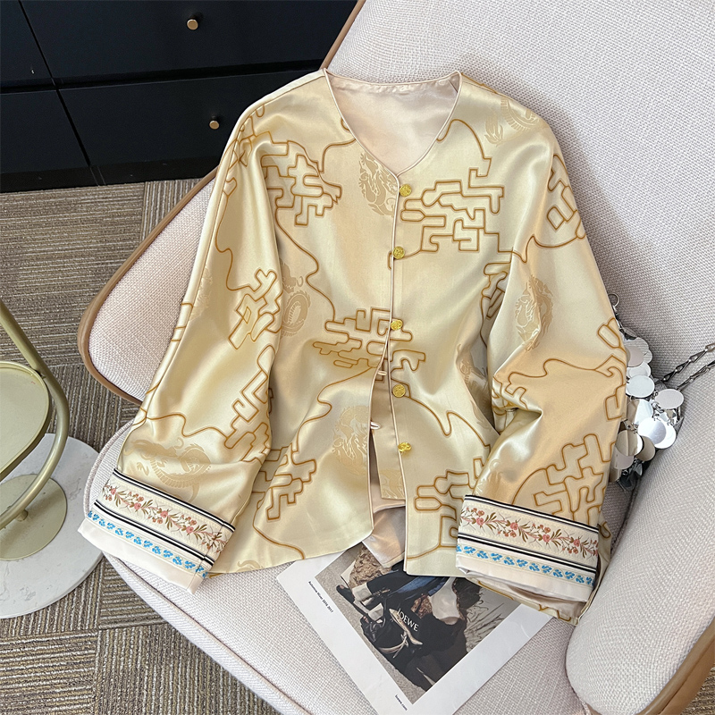 Spring 2025 New Fashion Loose Women's Jacket Traditional Chinese Sle Reformed Tang Costume Top round Neck Long Sleeve Casual