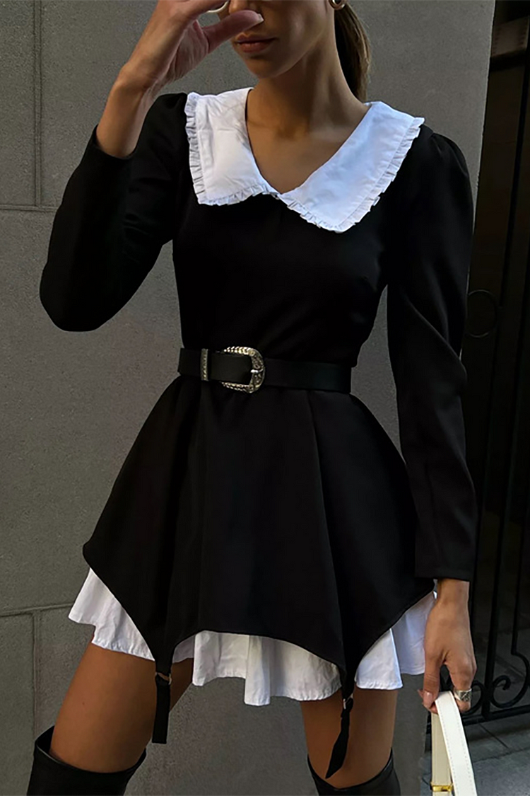 Doll Collar Long Sleeve A-Line Tiered Hem False Two-Piece Mini Dresses-Black