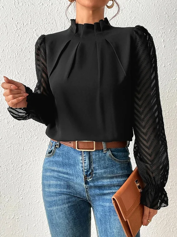 Long Sleeves Loose Elasticity Mesh Pleated Solid Color Mock Neck Blouses&Shirts Tops
