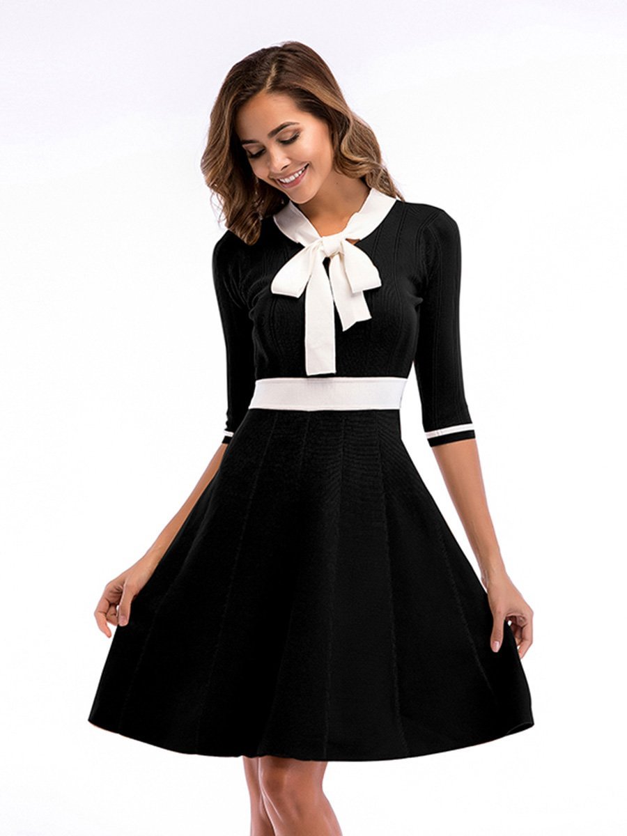 Sweater Dress Bow Collar Colorblock Mid Sleeve Knitted Swing Dress