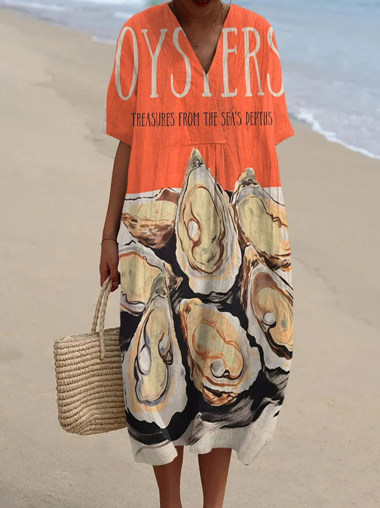 OYSTER Treasures From The Sea's Depths Print V-neck Dress
