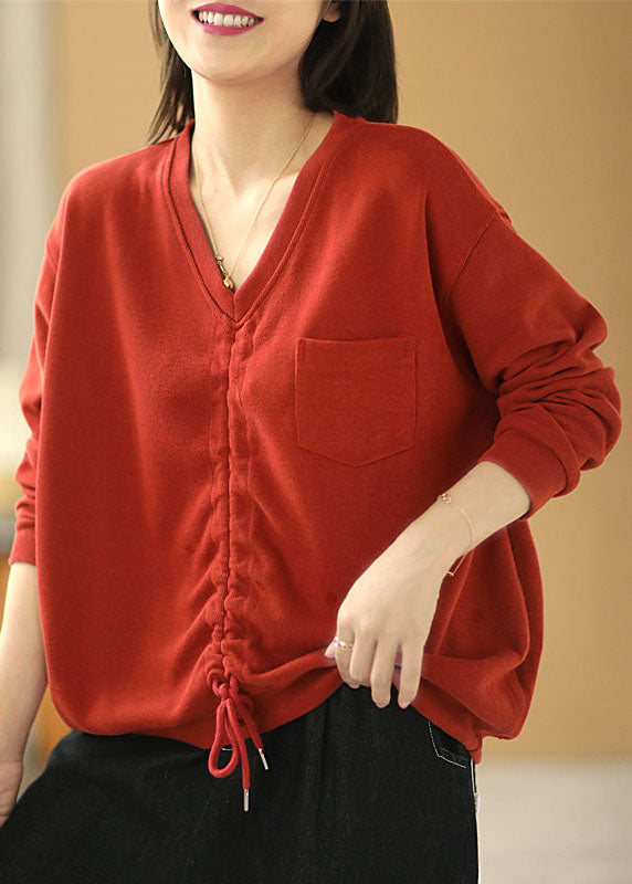 VCSHOES Red V Neck Pockets Drawstring Fall Loose Sweatshirts Top