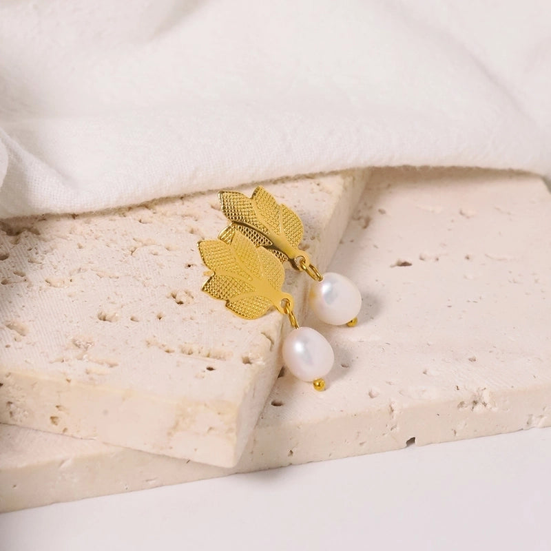 1 Pair IG Style Minimalist Leaves Pearl 304 Stainless Steel 18K Gold Plated Drop Earrings