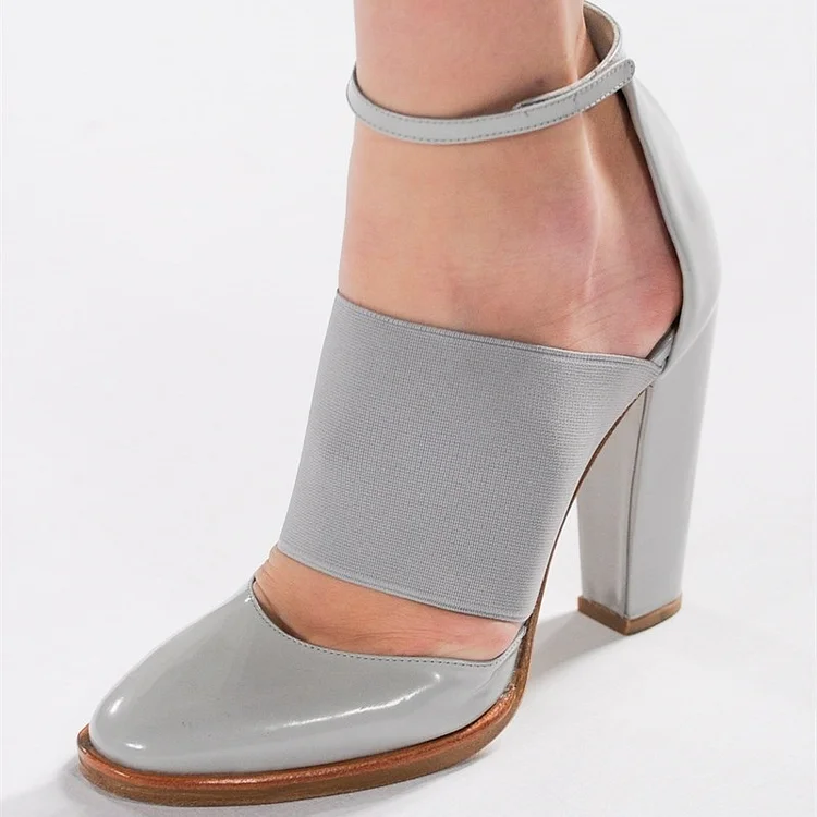 Grey Ankle Strap Heels Almond Toe Chunky Heel Pumps |FSJ Shoes