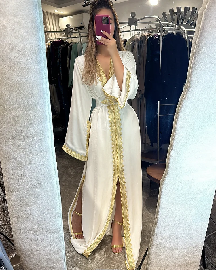 Women's V-neck slit embroidery Moroccan Dress
