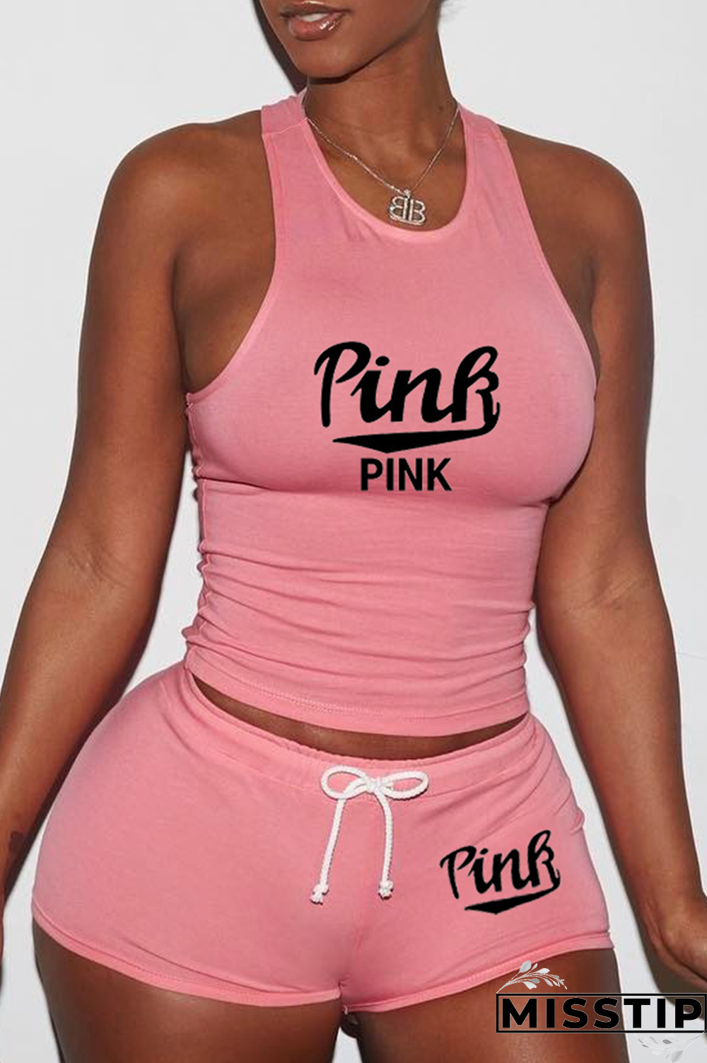 Pink Sexy Print Patchwork U Neck Sleeveless Two Pieces