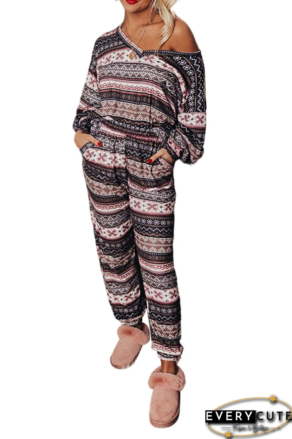 Black Christmas Snowflake Print Long Sleeve and Joggers Lounge Set