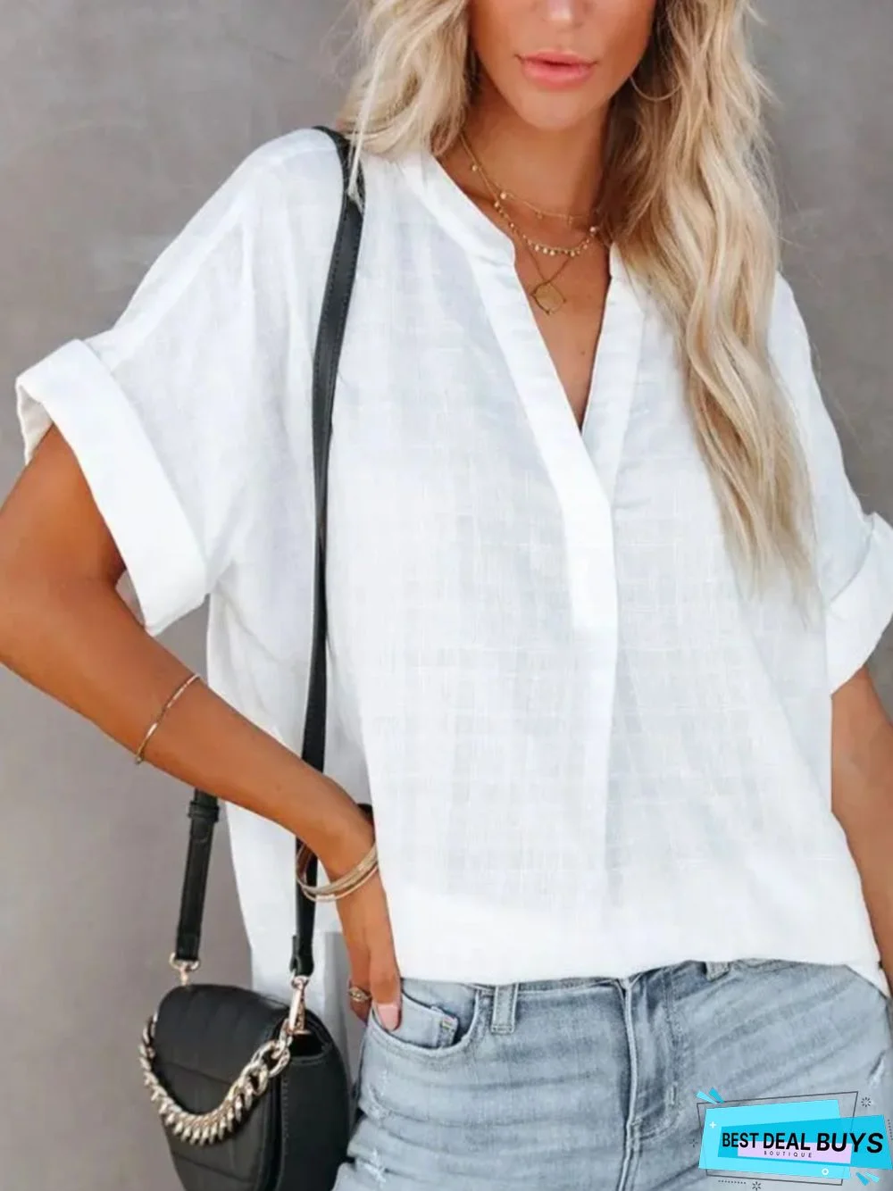 Casual Short sleeve Stand Collar Tunic Blouse