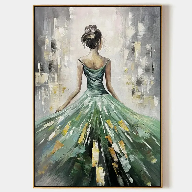 EMERALD GRACE: Elegant Woman in Green Dress, Vertical Canvas, Figurative Wall Art（Canvas painting）