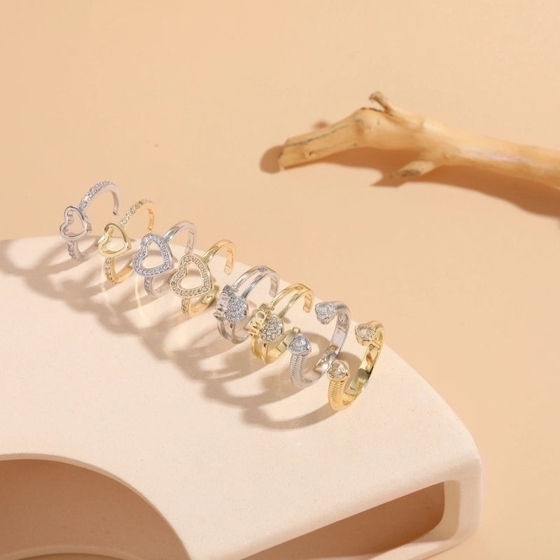 Glam Letter Heart Shape Copper Inlay Zircon 14k Gold Plated Open Ring