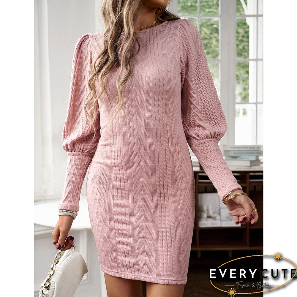 Pink Round Neck Knit Long Sleeve Bodycon Dress