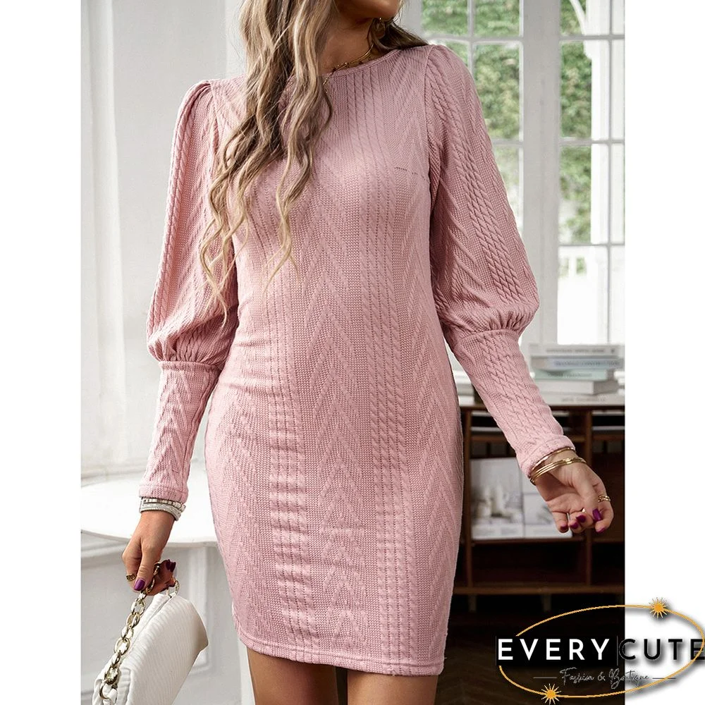 Pink Round Neck Knit Long Sleeve Bodycon Dress