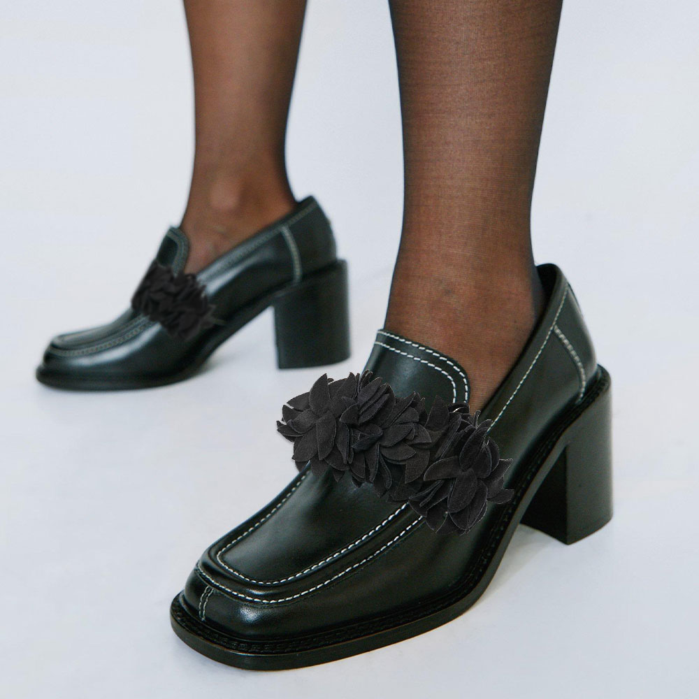 Dark Green Square Toe Floral Decor Block Heel Loafer Shoes Women Nicepairs