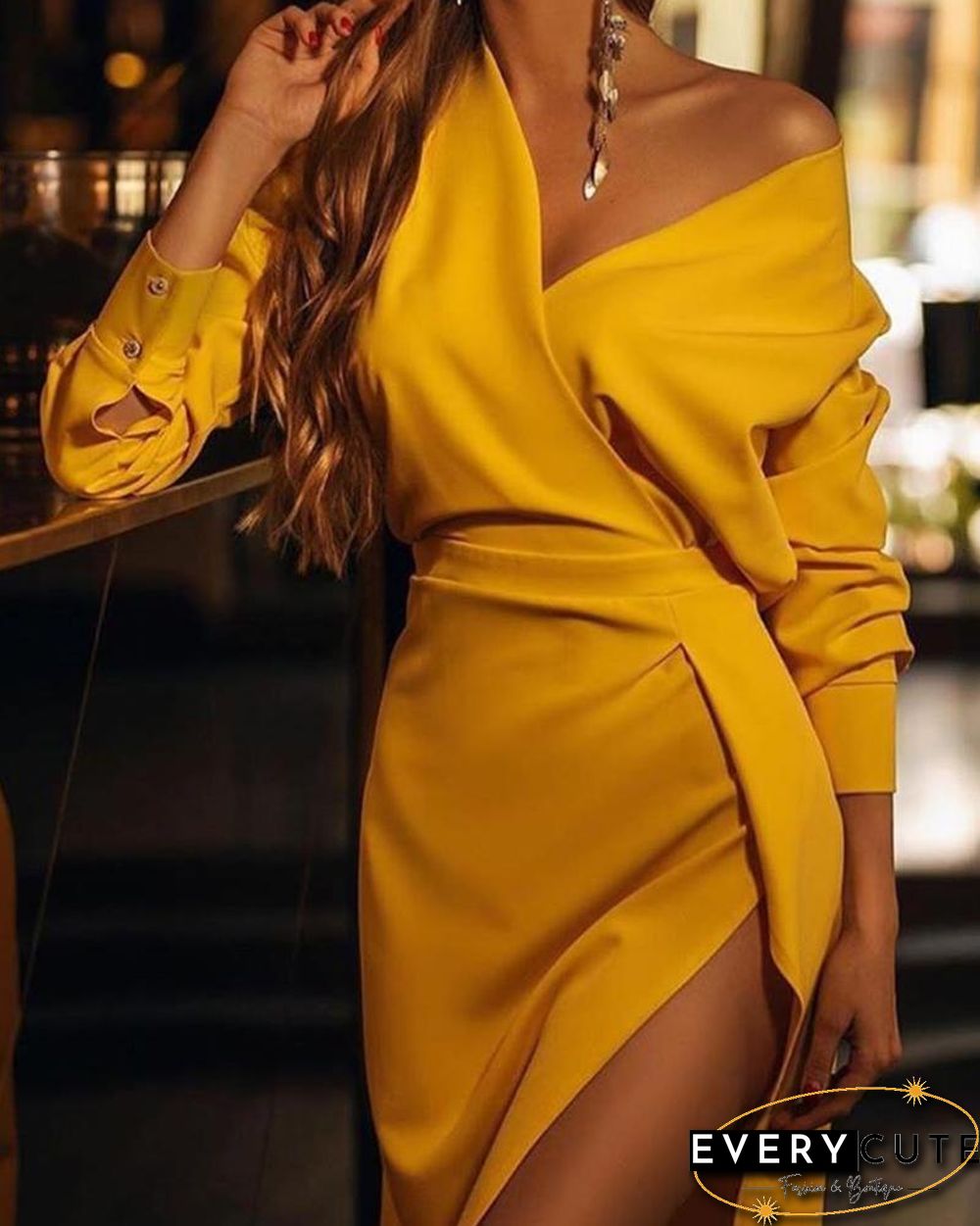 Solid V Neck Slit Dress P15331