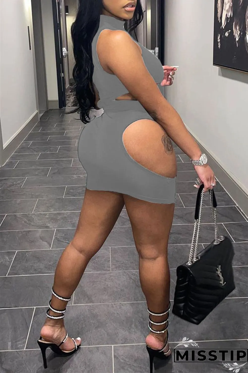 Grey Fashion Sexy Solid Hollowed Out O Neck Sleeveless Dress