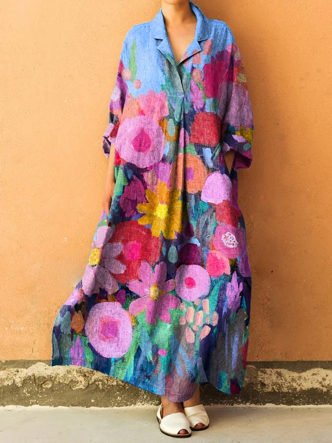 Vintage Floral Print Shirt Collar Long Sleeve Loose Dress