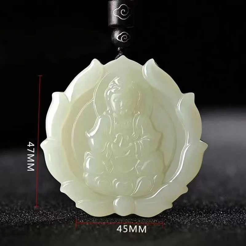 Kwan Yin Avalokitesvara Jade Lotus Abundance String Necklace Pendant