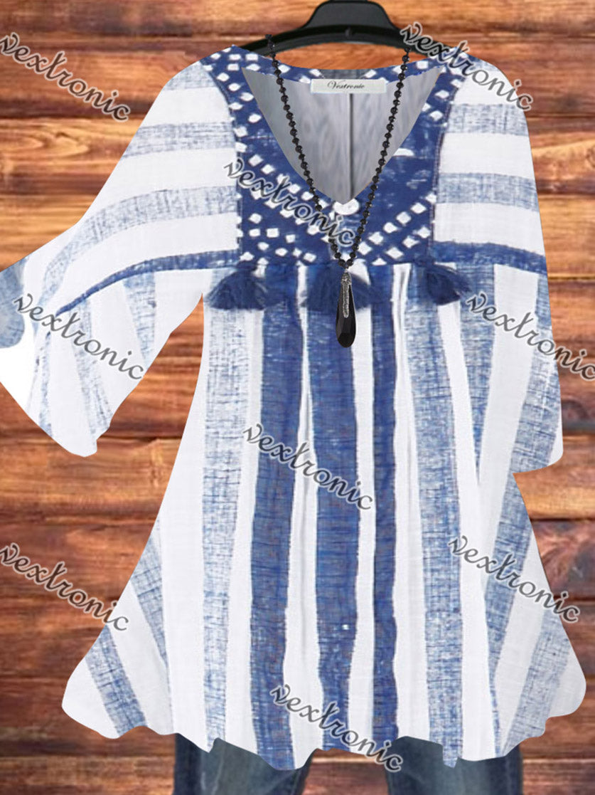 Women Casual Half Sleeve V-neck Striped Printed Top