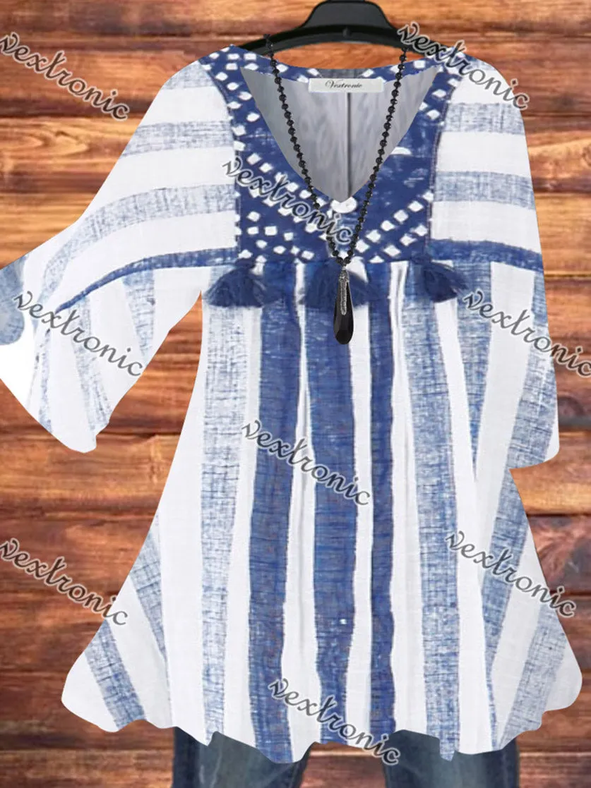 Women Casual Half Sleeve V-neck Striped Printed Top