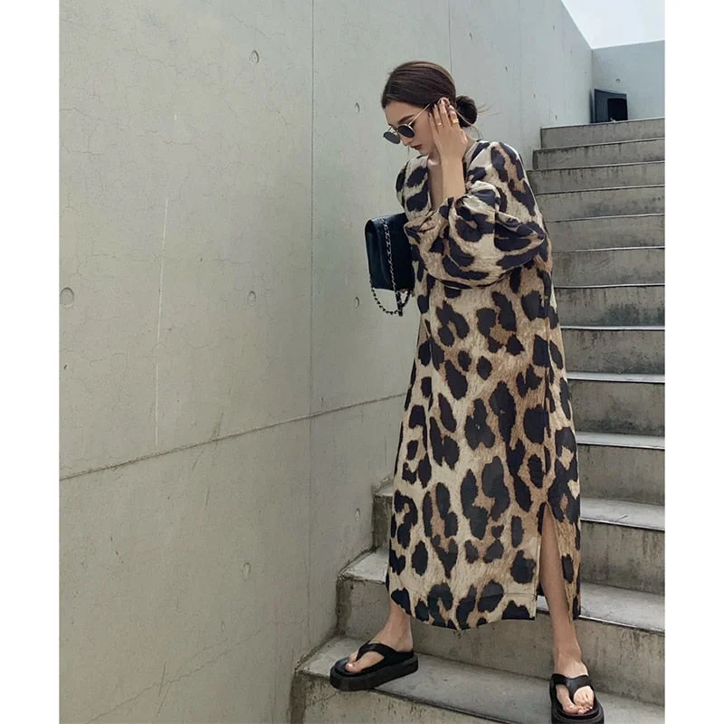 Autumn Women Lantern Sleeve V-neck Dress Sexy Leopard Print Mid-length Elegant Lady Party Dress New Clothes