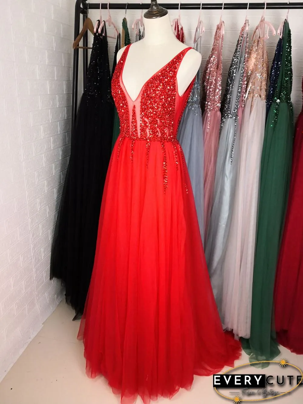Light Gray Prom Dress Long Neck High Split Tulle Sweep Train Evening Gown A-Line Backless