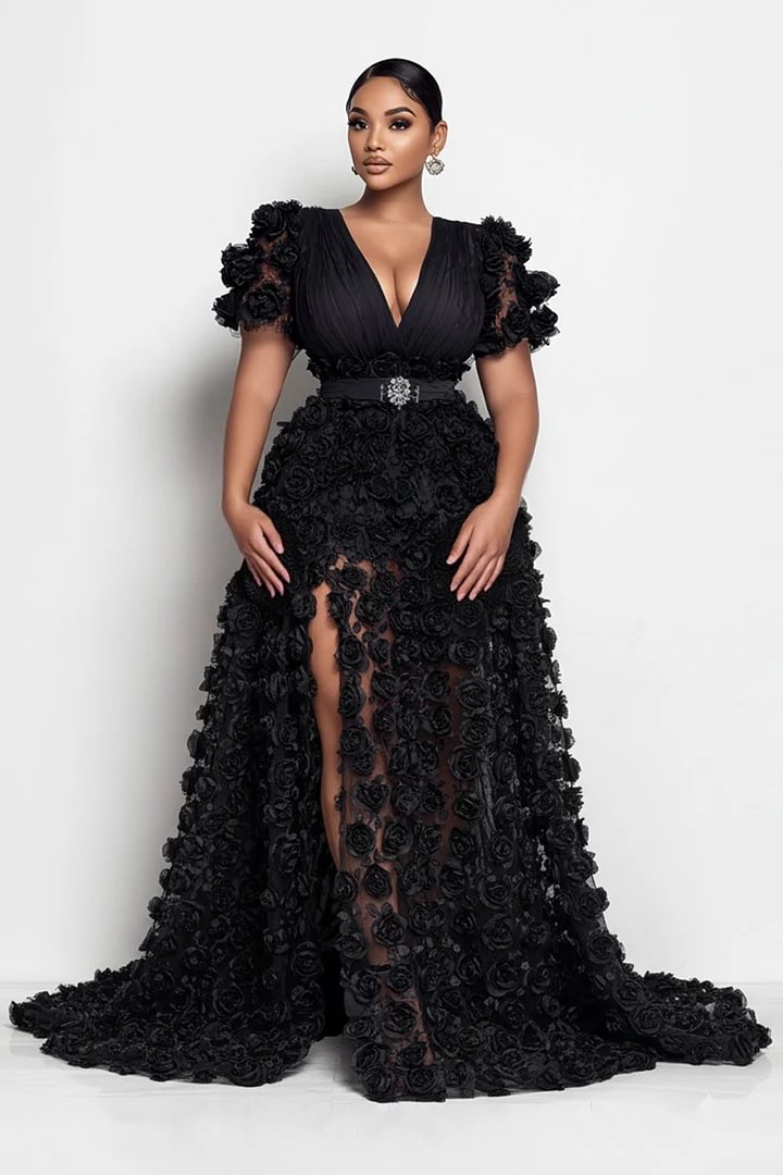 Xpluswear Design Plus Size Formal Black V Neck Short Sleeve 3D See Through Maxi Dresses 2024 - Xpluswear