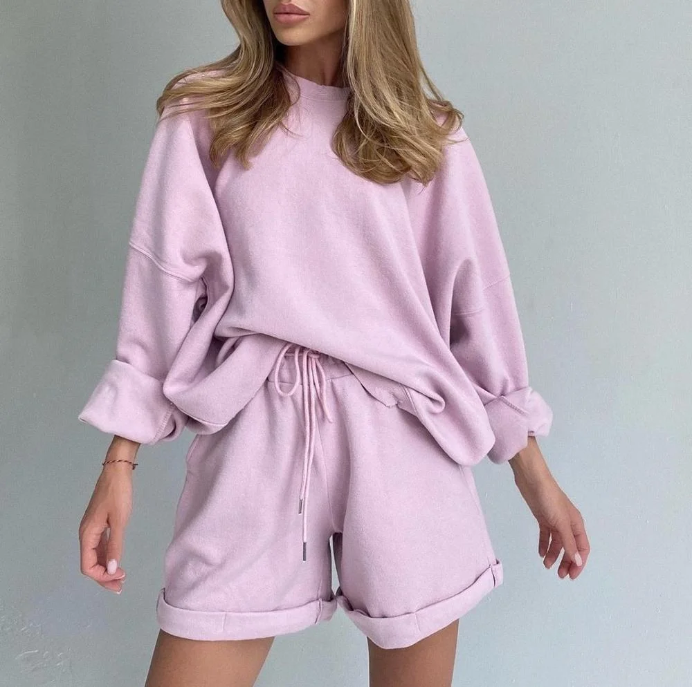 Casual Women Tracksuit Two Piece Set Oversize Sweatshirts and Shorts Sportswear Outfit Solid Set Summer Autumn Woman Clothing