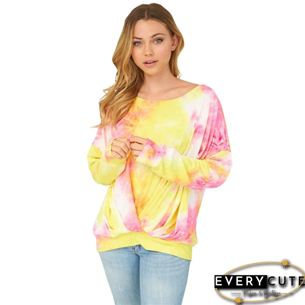 Yellow Tie Dye Twist Front Long Sleeve Tops