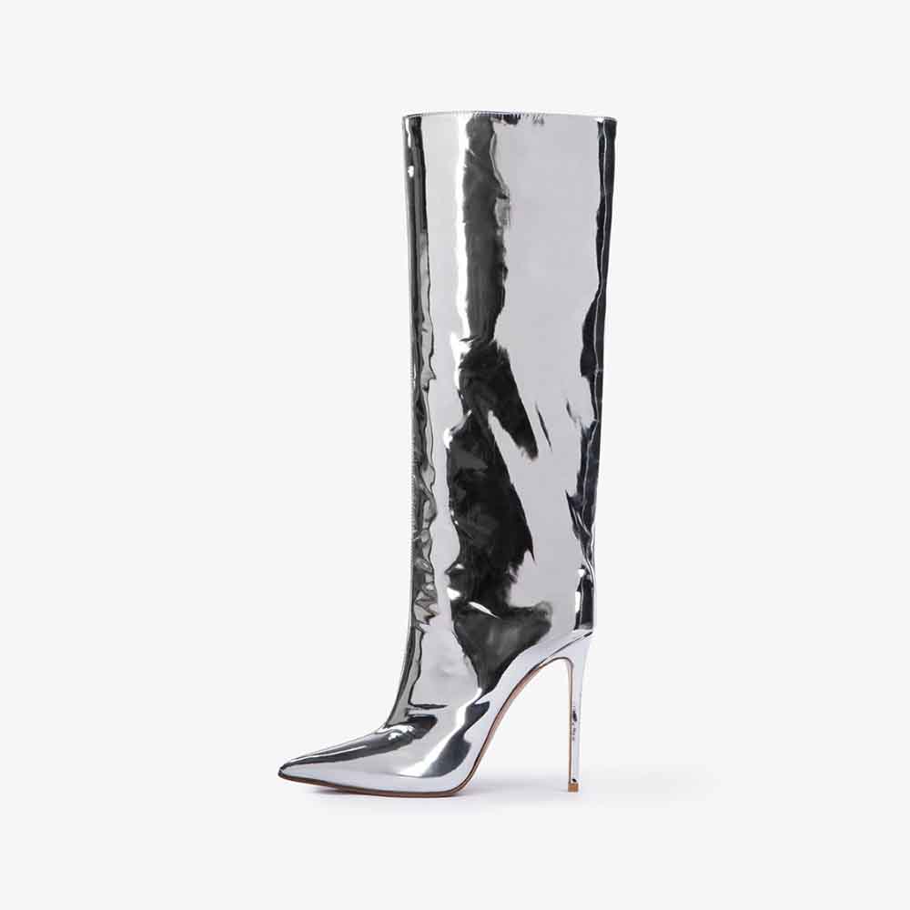 Silver Metallic Pointed Toe Stiletto Heel Knee High Boots Nicepairs