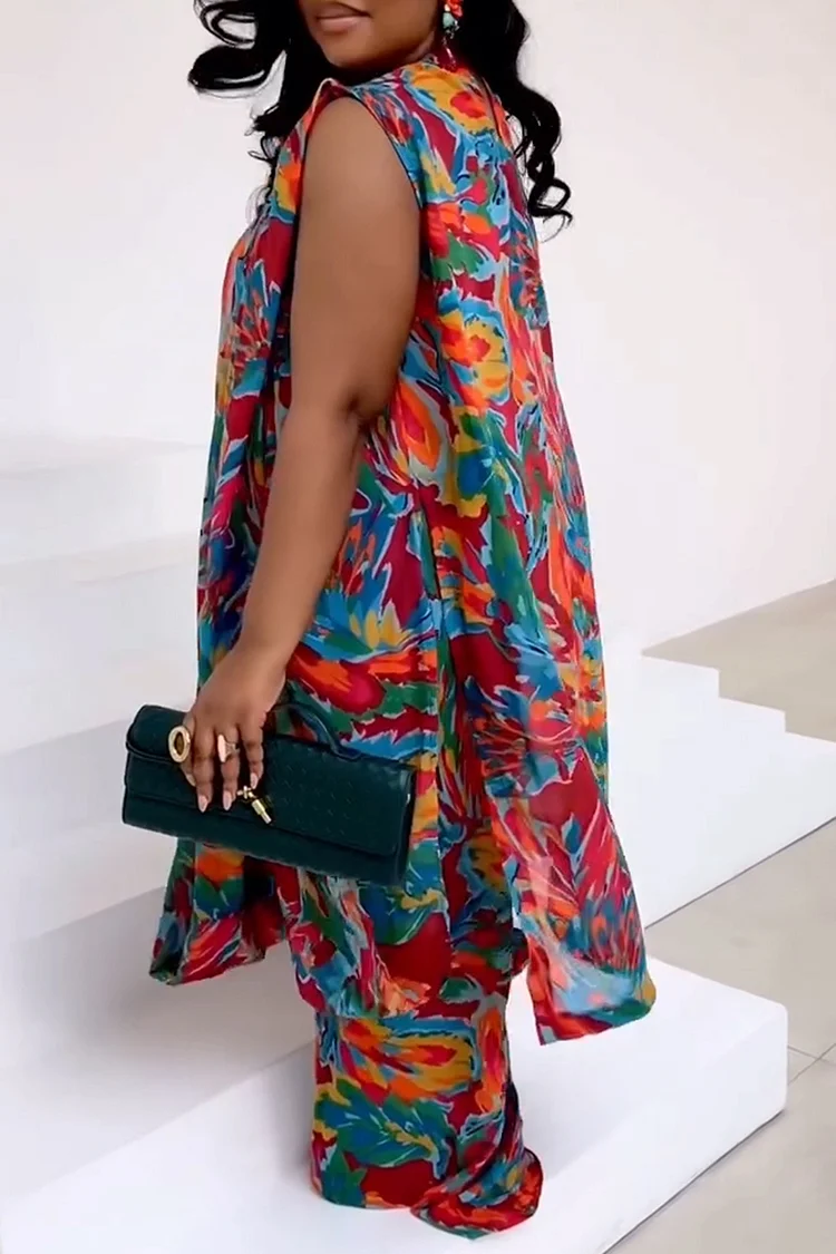 Plus Size Daily Multicolor All Over Print Round Neck Split Casual Wide Leg Two Piece Pant Sets [Pre-Order]