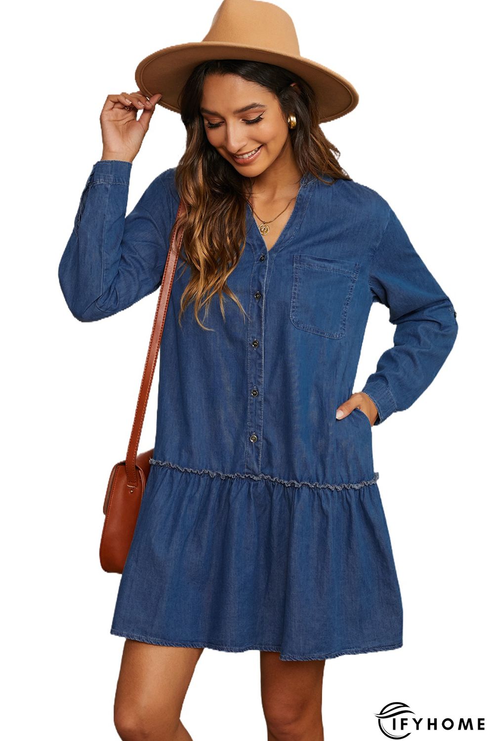 Pocketed Ruffled Denim Shirt Mini Dress | IFYHOME