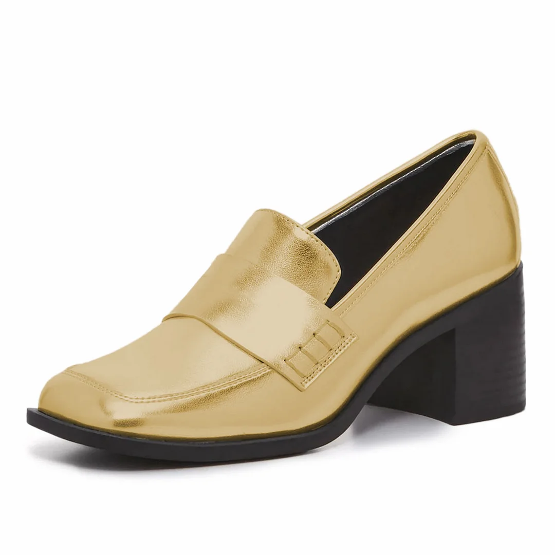 YDN Gold Metallic Finish Square Toe Block Heel Women's Loafers