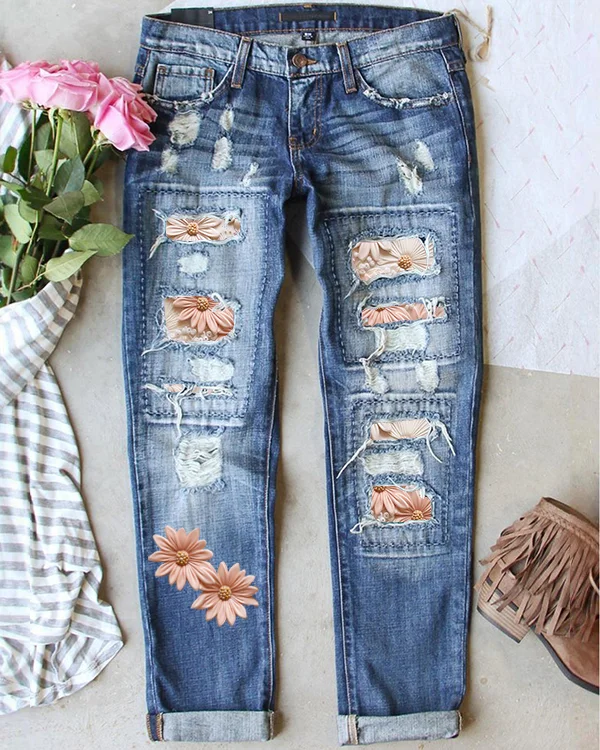 Floral Daisy Print Boho Ripped Jeans