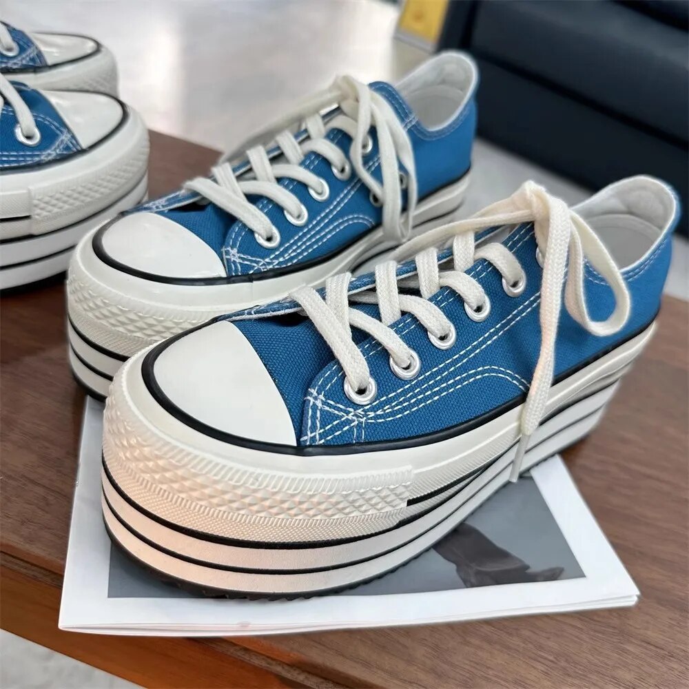 VCshoes Women Blue Canvas Shoes Woman High Thick Wedges Heels Pumps Lady Dress Party Shoes Round Toe 32-47 Stripe Splicing