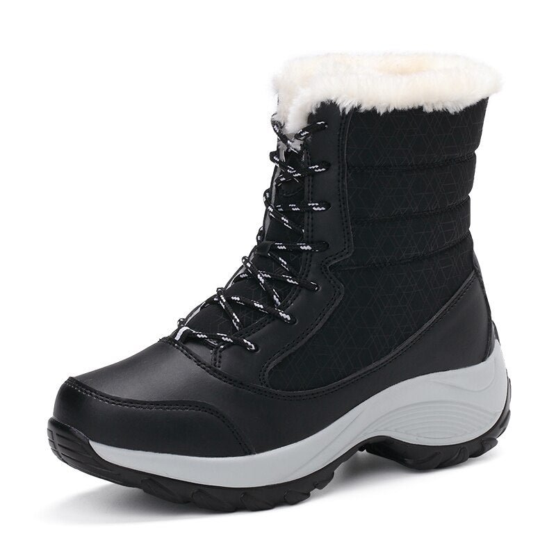 Women Snow Boots Winter Lace-Up Round Toe Waterproof Shoes Outdoor Platform Female Warm Ankle Black Leather Boots With White Fur