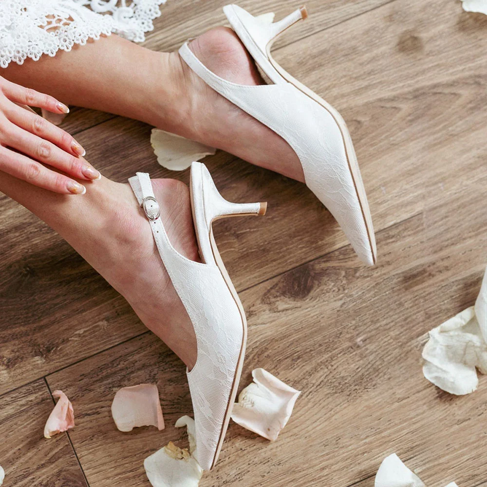 Classy White Lace Pointed Toe Slingback Wedding Heels for Bride