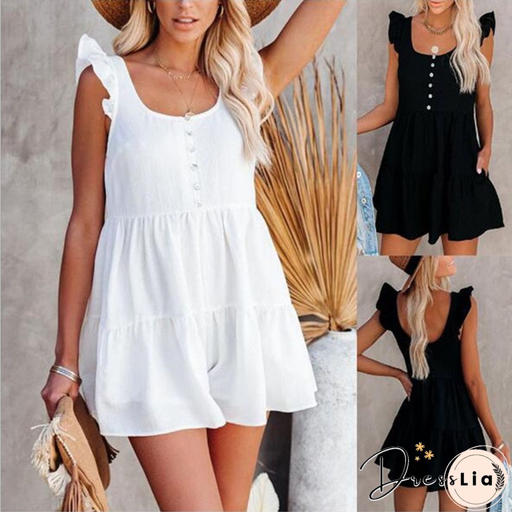 Summer Solid Sleeveless Button Decoration Jumpsuit Short Pants Outfits for Women Beach Wear Playsuit