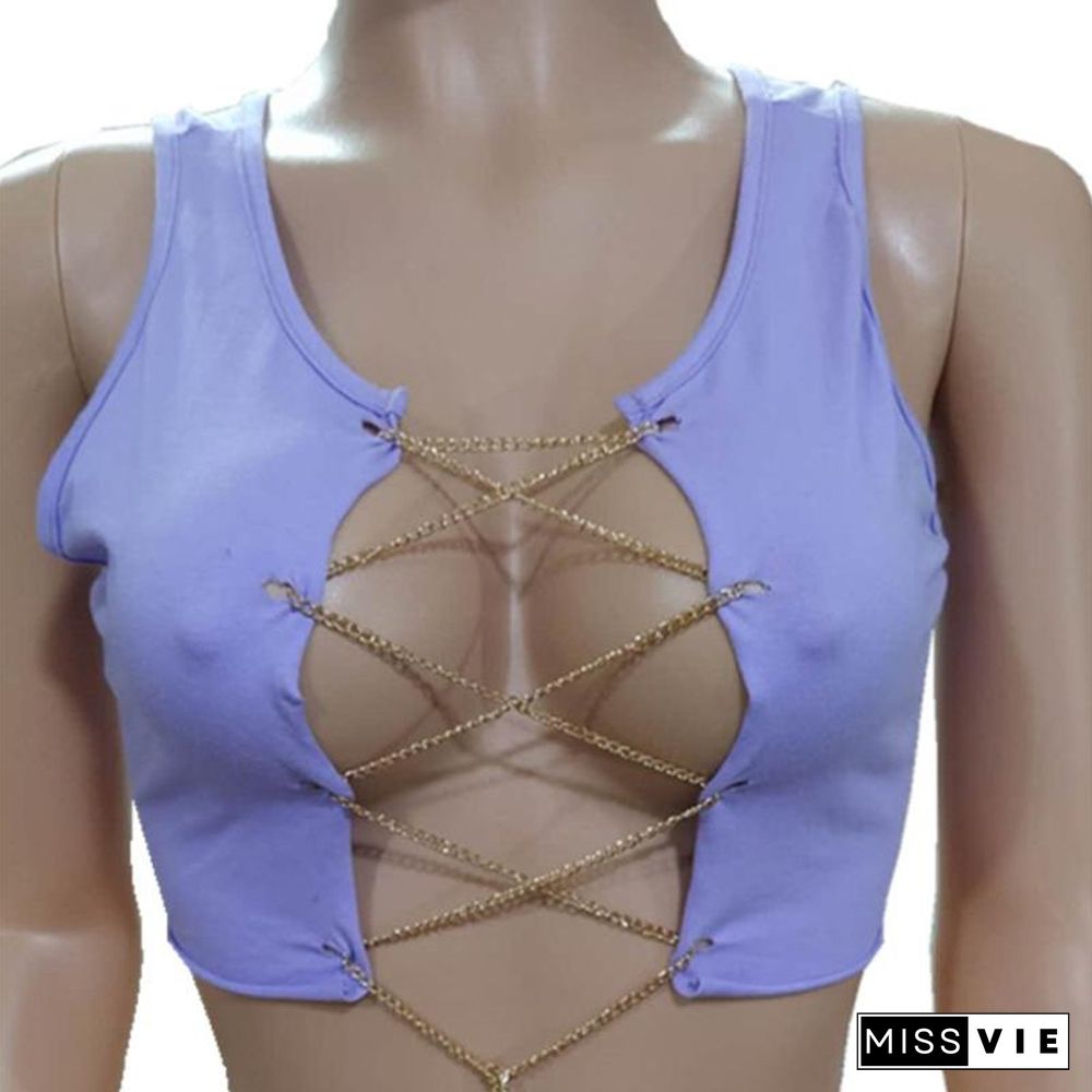 Red Black White Metal Chain Sleeveless Crop Top Sexy Clubwear Women Adjustable Lace Up Hollow Out Tank Tops Tees Camisole