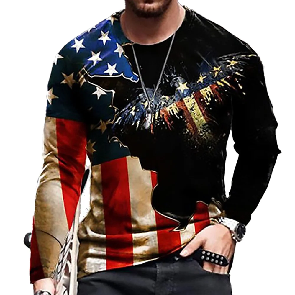 Men's Vintage American Flag Eagle Print Long Sleeve T-Shirt