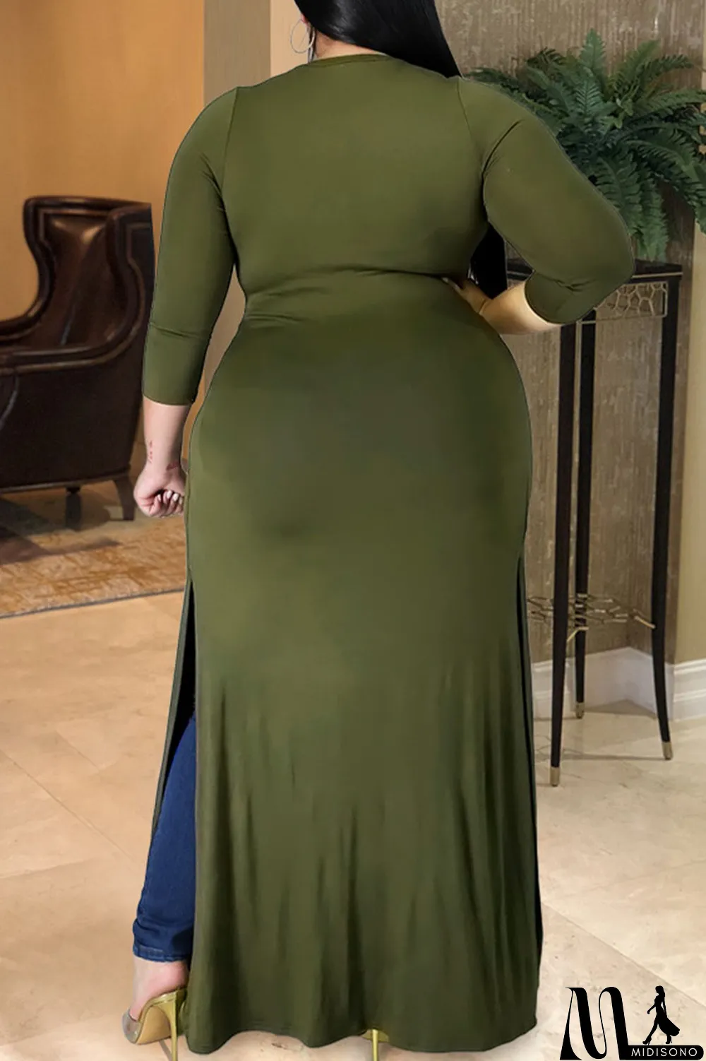 MidiSono - Army Green Sexy Solid Hollowed Out Slit O Neck Plus Size