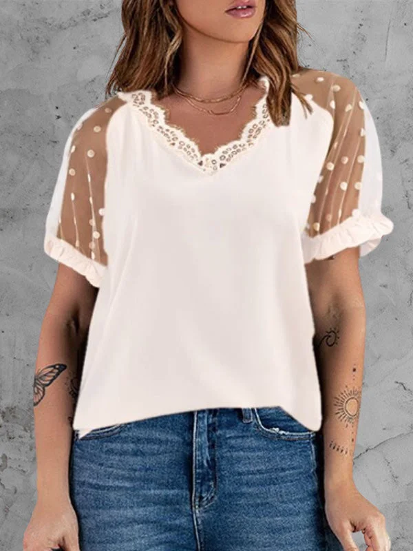 Lace Splicing Dot Print Sleeve V-neck T-shirt
