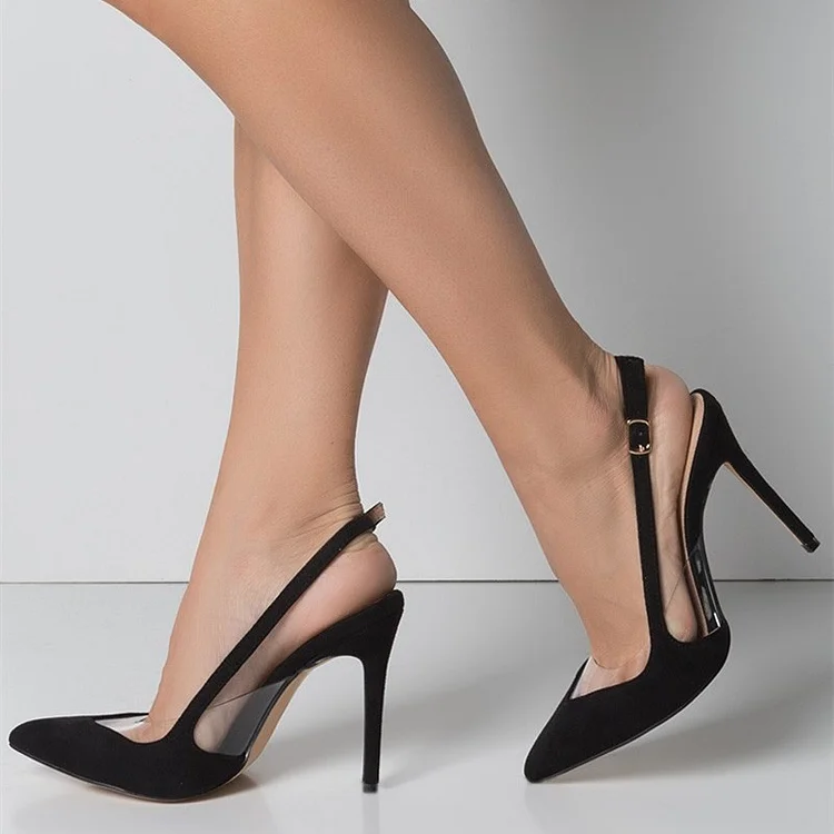 Black transparent Heels Slingback Pumps Pointy Toe Stiletto Heels for Women |FSJ Shoes