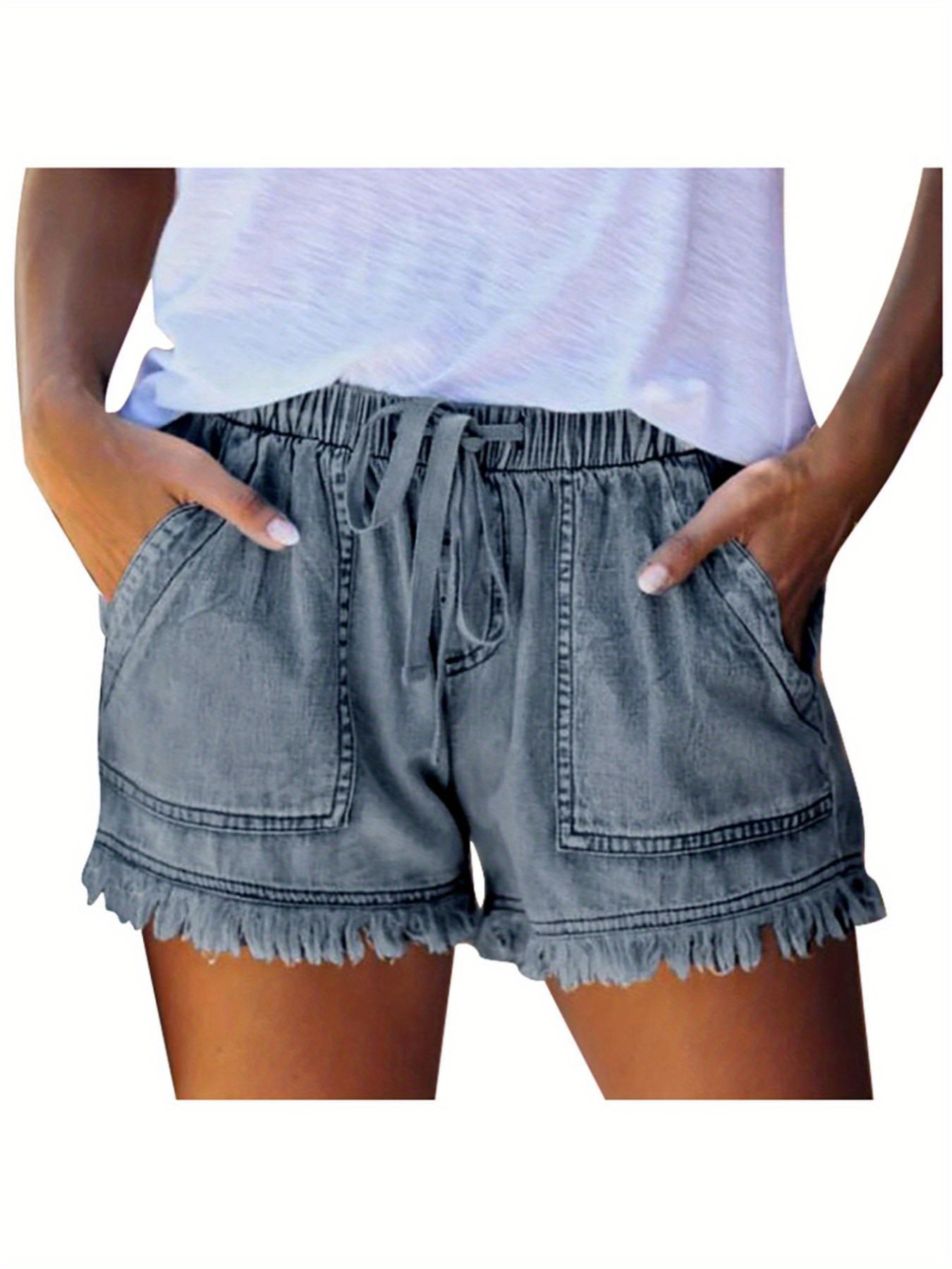 Women's Denim Bandage Casual Shorts - Summer Lightweight Tassel Hem & Side Pockets, Machine Washable Solid Color Versatile Denim Shorts For Women | IFYHOME