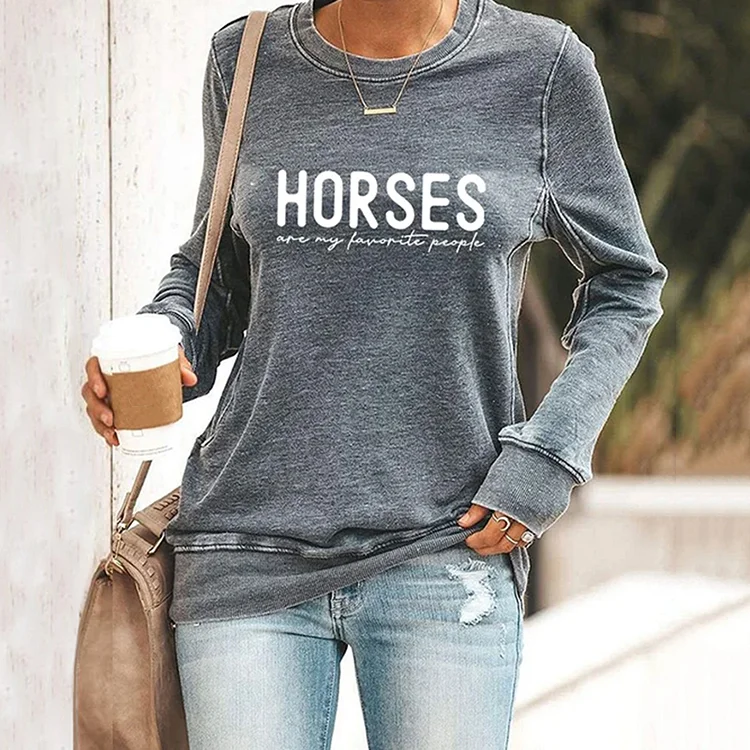 Horse Letter Print Round Neck Long Sleeve Sweatshirt