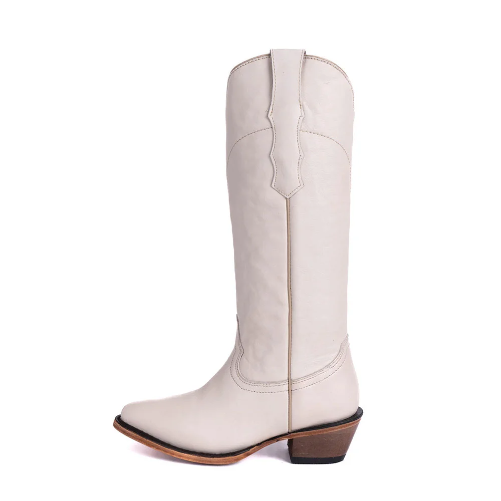 YDN Women's White Classic Round Toe Chunky Heel Cowgirl Boots